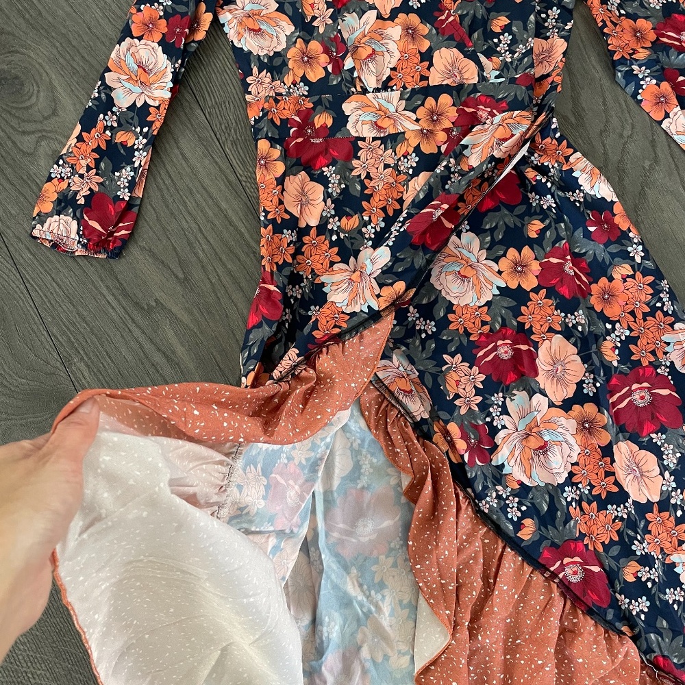 Ruffle hem floral orange boho gypsy maxi dress Ruffle Cottagecore - Picture 10 of 14